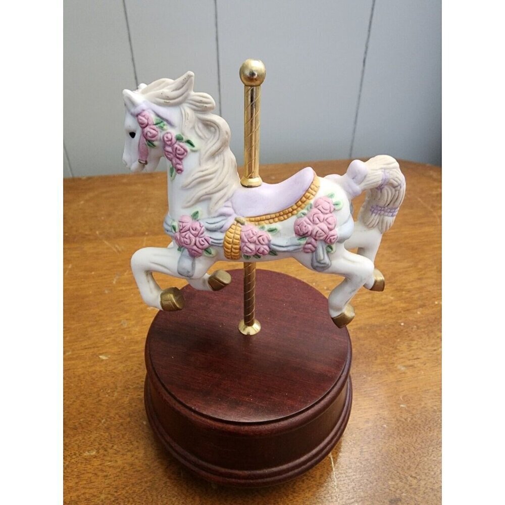 The San Francisco Music Box Company Vintage Rotating White Carousel Horse Works